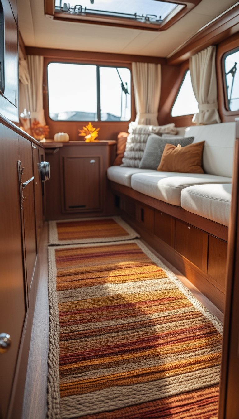 Boat cabin interior with low-pile jute rugs in autumn colors and comfortable seating.