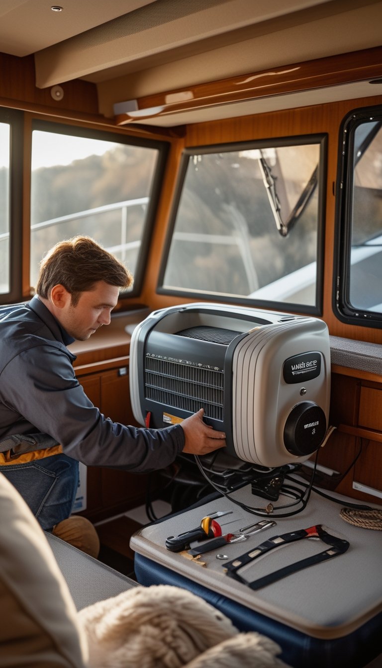 A person installing a compact diesel cabin heater inside a boat cabin with warm autumn colors and boat interior details.