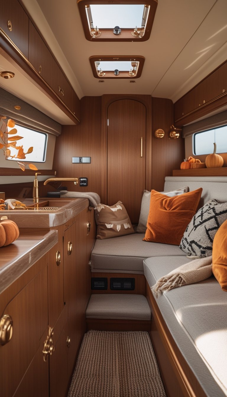 Interior of a boat with wooden cabinets and brass and copper hardware, a cozy seating area, and autumn-themed decorations.