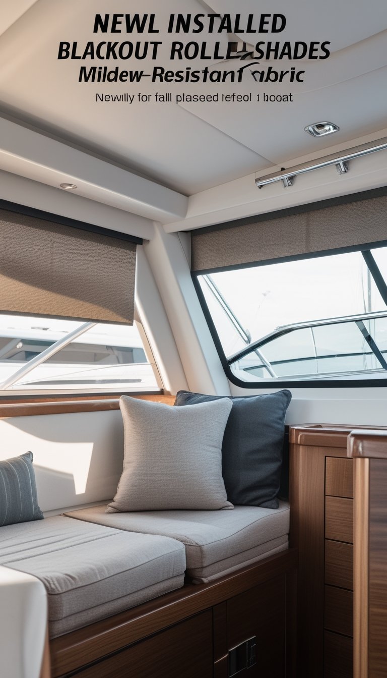 Boat interior with blackout roller shades covering the windows, showing a clean and cozy cabin space.