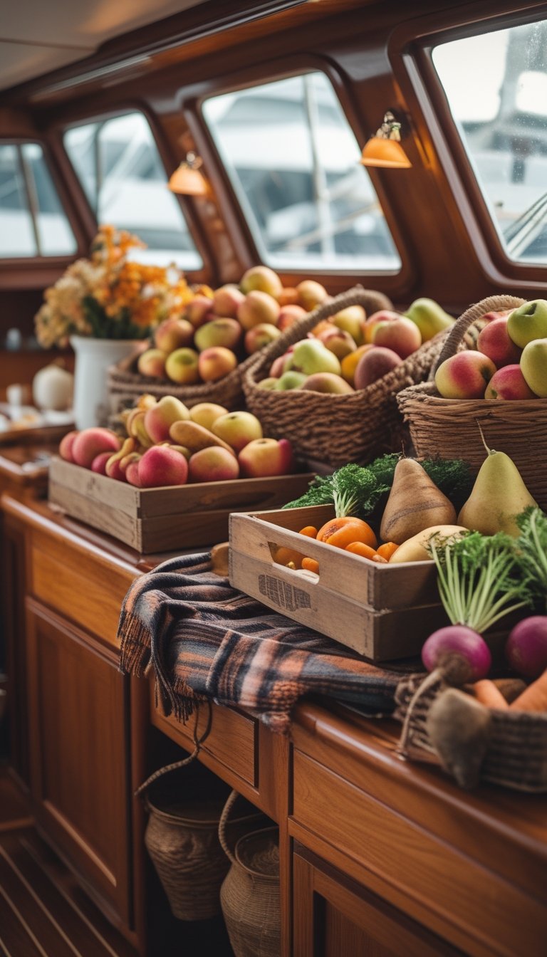 Interior of a boat galley displaying baskets of apples, pears, and root vegetables with warm autumnal lighting.
