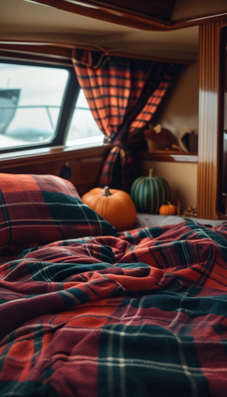 A boat interior with a bed made up in deep plaid flannel sheets, warm natural light coming through windows, and autumn-themed decor.