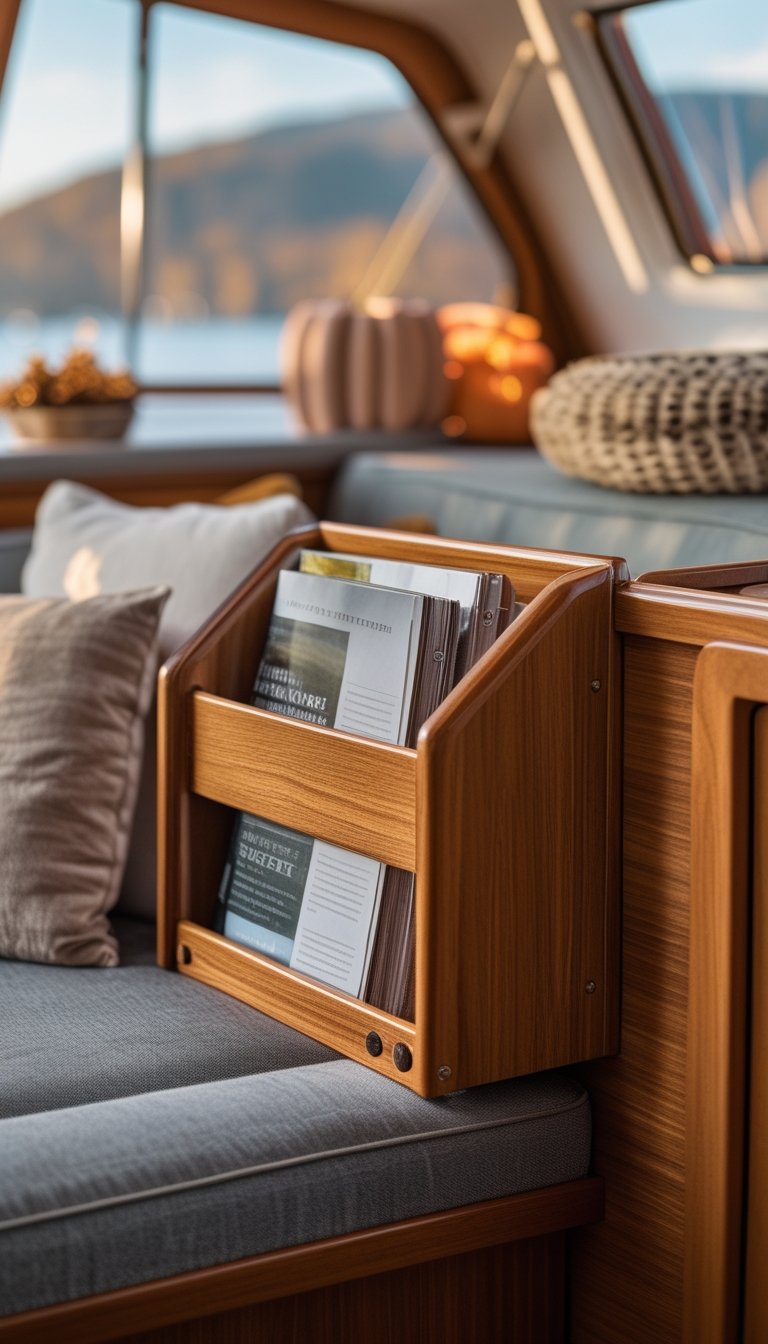 A folding teak magazine and mug holder mounted near a settee inside a boat, with magazines and a mug placed on it.