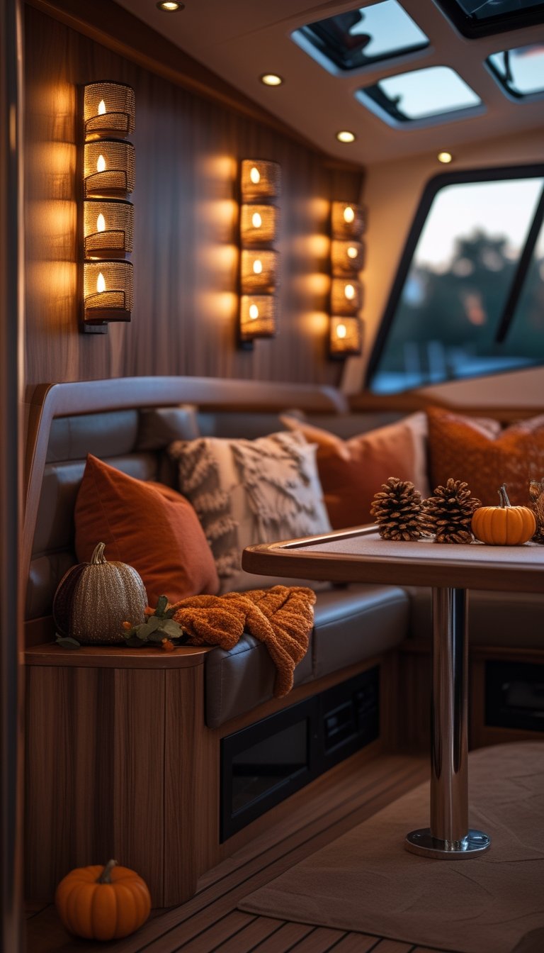 Interior of a boat with warm glowing LED faux-candle sconces on wooden walls and autumn-themed decorations creating a cozy evening atmosphere.