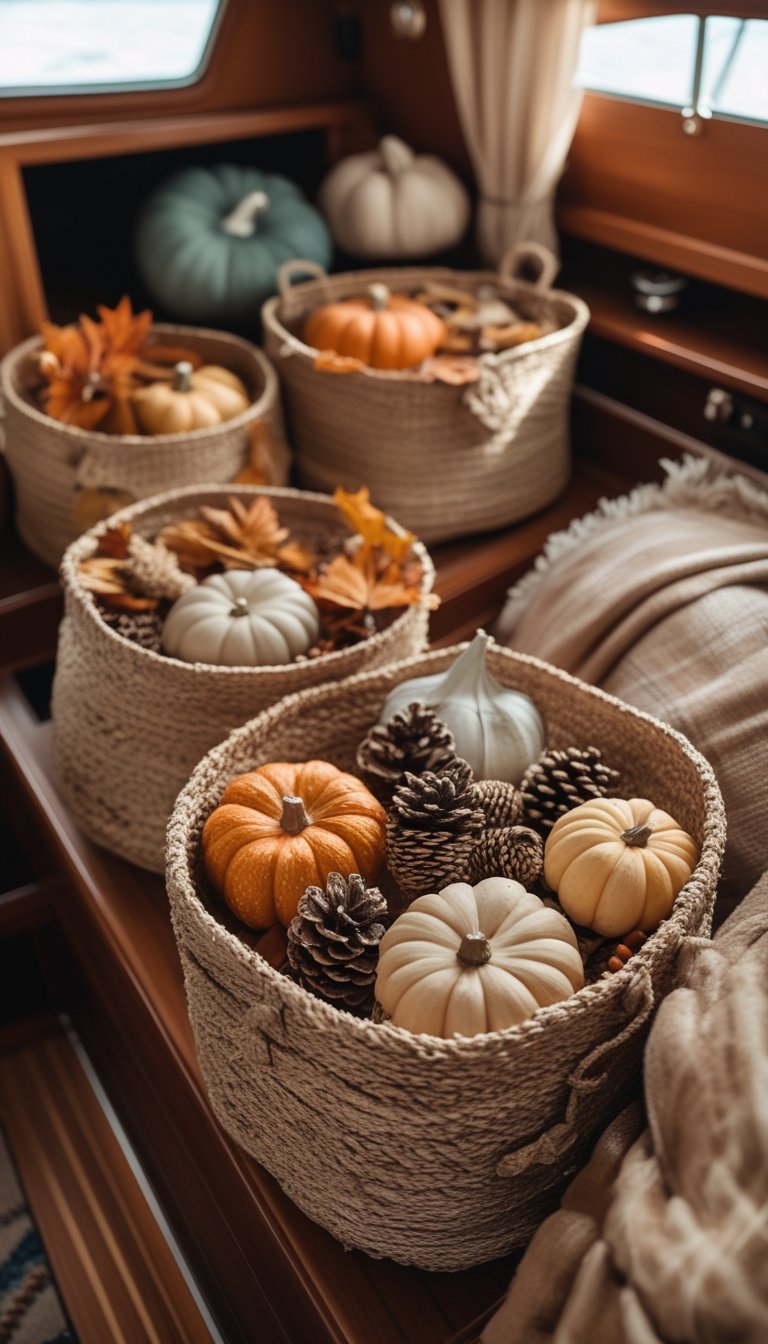 Interior of a boat with woven seagrass baskets filled with autumn items like pumpkins and pinecones arranged neatly.