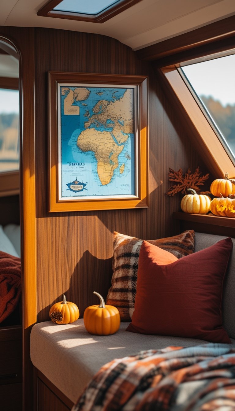 A cozy boat interior with a small framed nautical print hanging on the wall and autumn decorations.
