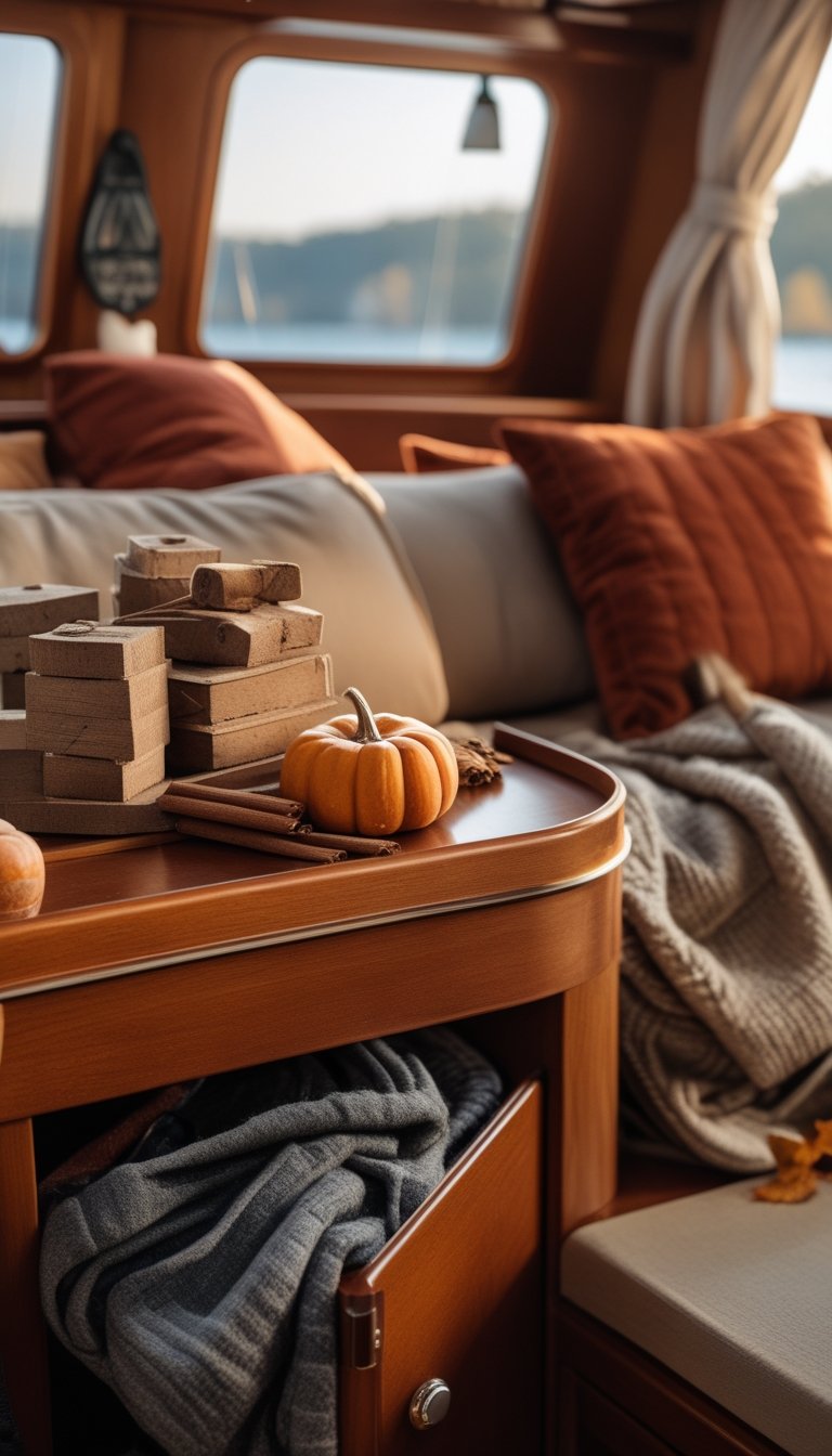 Interior of a boat cabin with cedar blocks and cinnamon stick sachets on a wooden surface, surrounded by warm fall decorations.