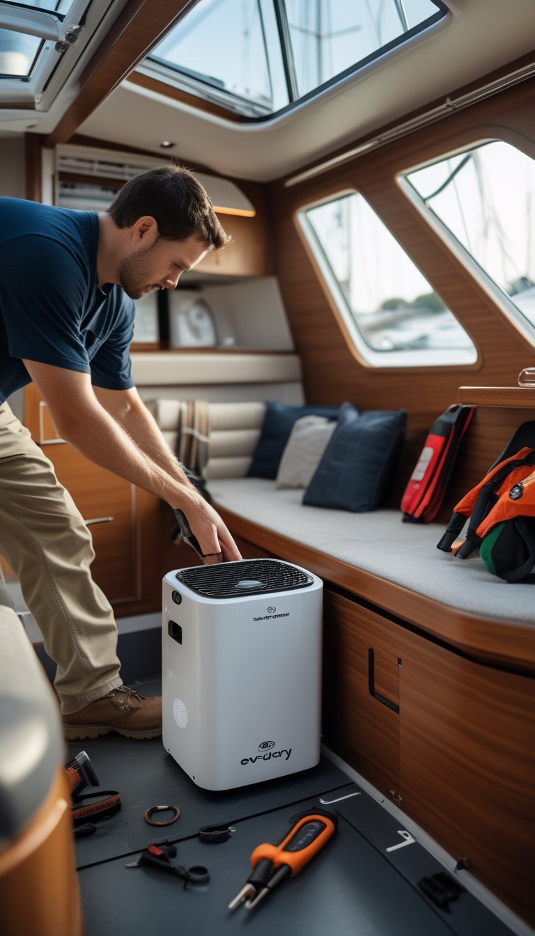 Person installing a marine dehumidifier inside a boat cabin with wood paneling and seating.