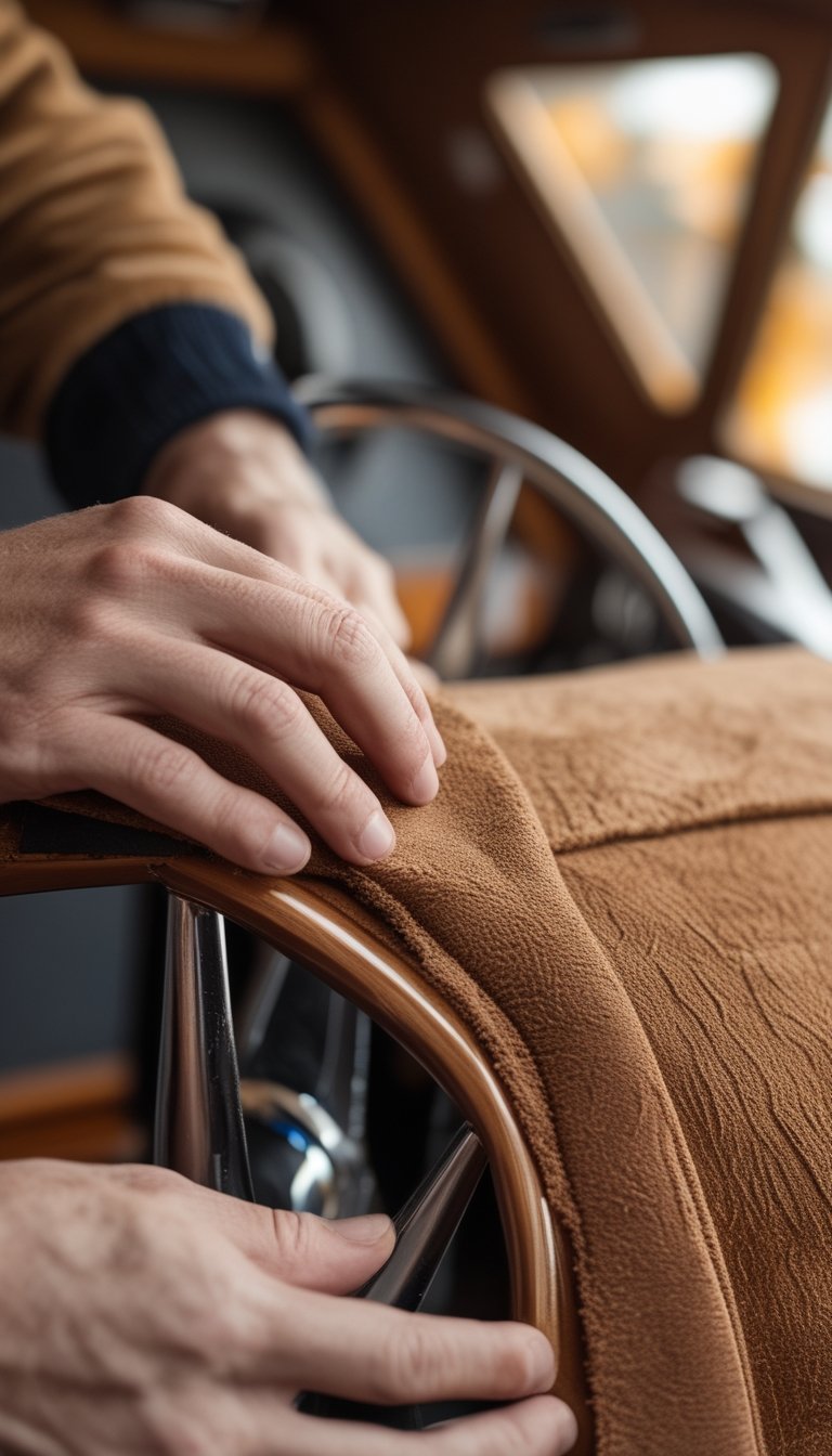 Close-up of hands reupholstering a boat helm pad with warm brown textured fabric inside a boat.