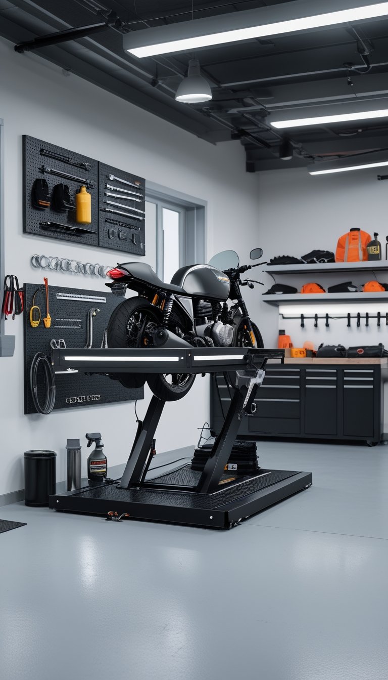 A motorcycle securely positioned on a lift in a clean garage with tools and maintenance equipment organized around it.