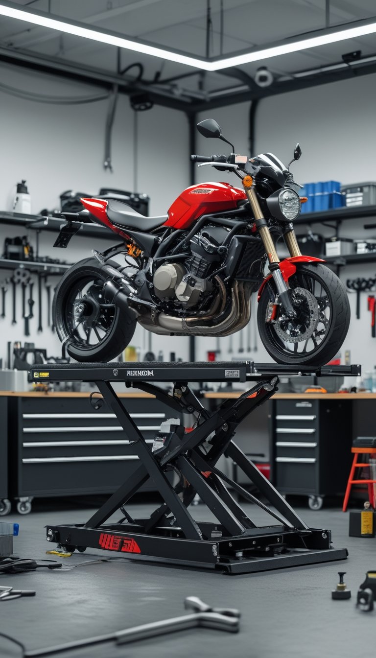 A hydraulic motorcycle lift table holding a motorcycle elevated in a clean, organized workshop with tools and equipment around.