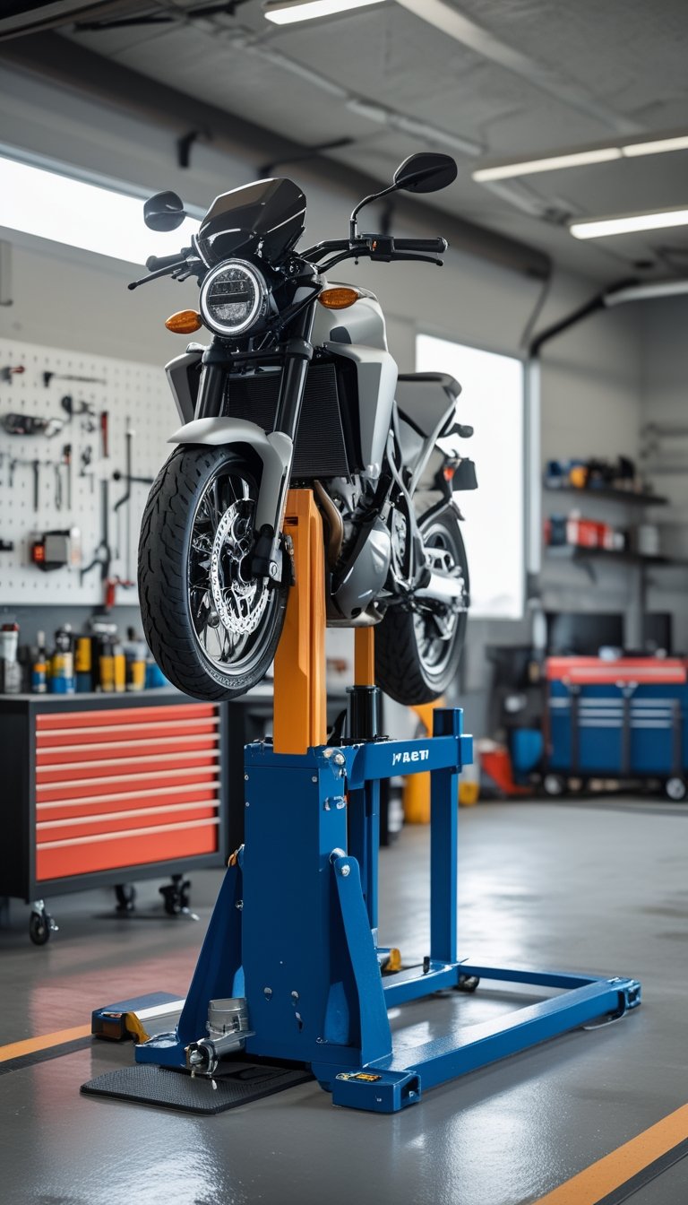A motorcycle securely elevated on a scissor jack bike lift with a built-in wheel chock in a clean workshop surrounded by maintenance tools and equipment.