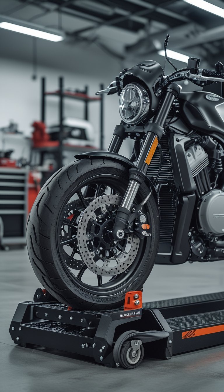 Motorcycle on a lift with its front wheel secured by a beadlock wheel chock in a clean workshop.