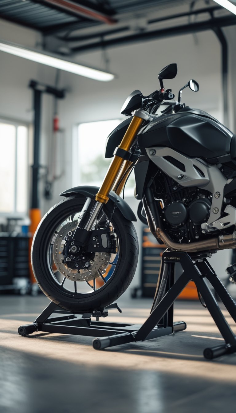 A motorcycle elevated on adjustable front and rear paddock stands inside a workshop, showing a maintenance setup with tools in the background.