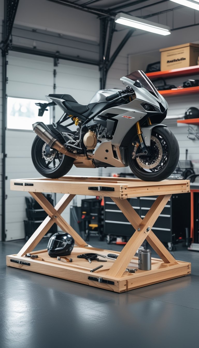 A motorcycle lifted on a DIY folding workbench in a clean garage with tools and maintenance equipment around.
