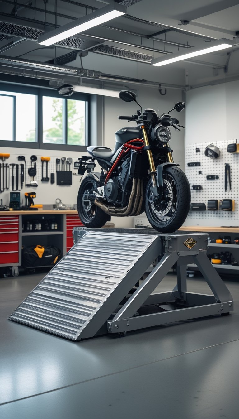 Motorcycle securely positioned on an aluminum lift table ramp in a well-organized garage with maintenance tools and parts nearby.