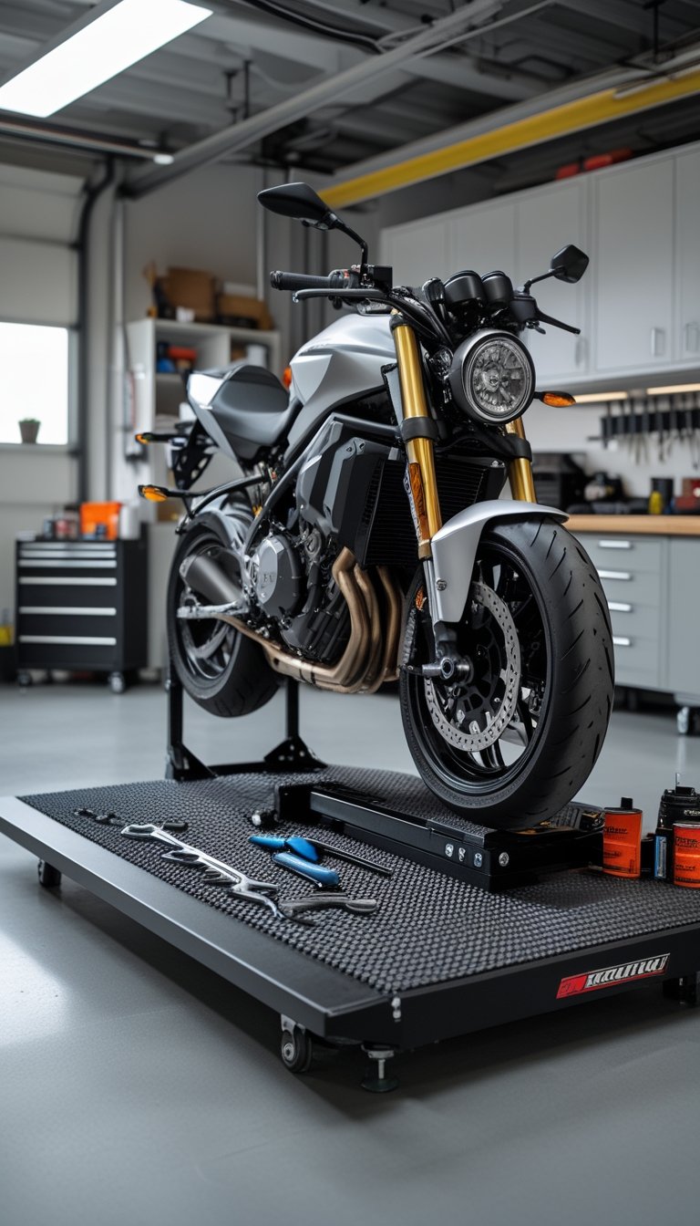 A motorcycle securely positioned on a lift platform with a textured anti-slip mat in a clean garage workshop with tools and equipment around.