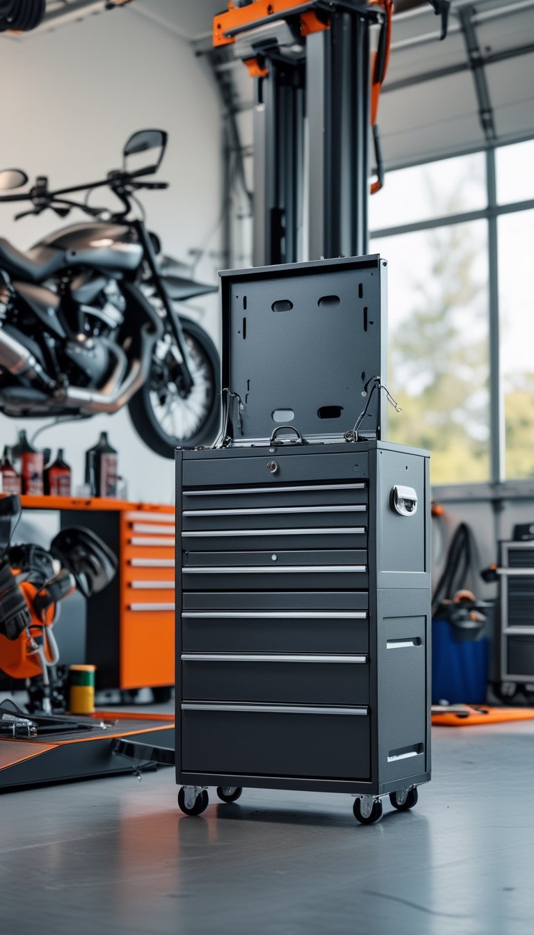 A 4-drawer locking tool chest in a motorcycle maintenance workshop with a motorcycle on a lift and various tools around.