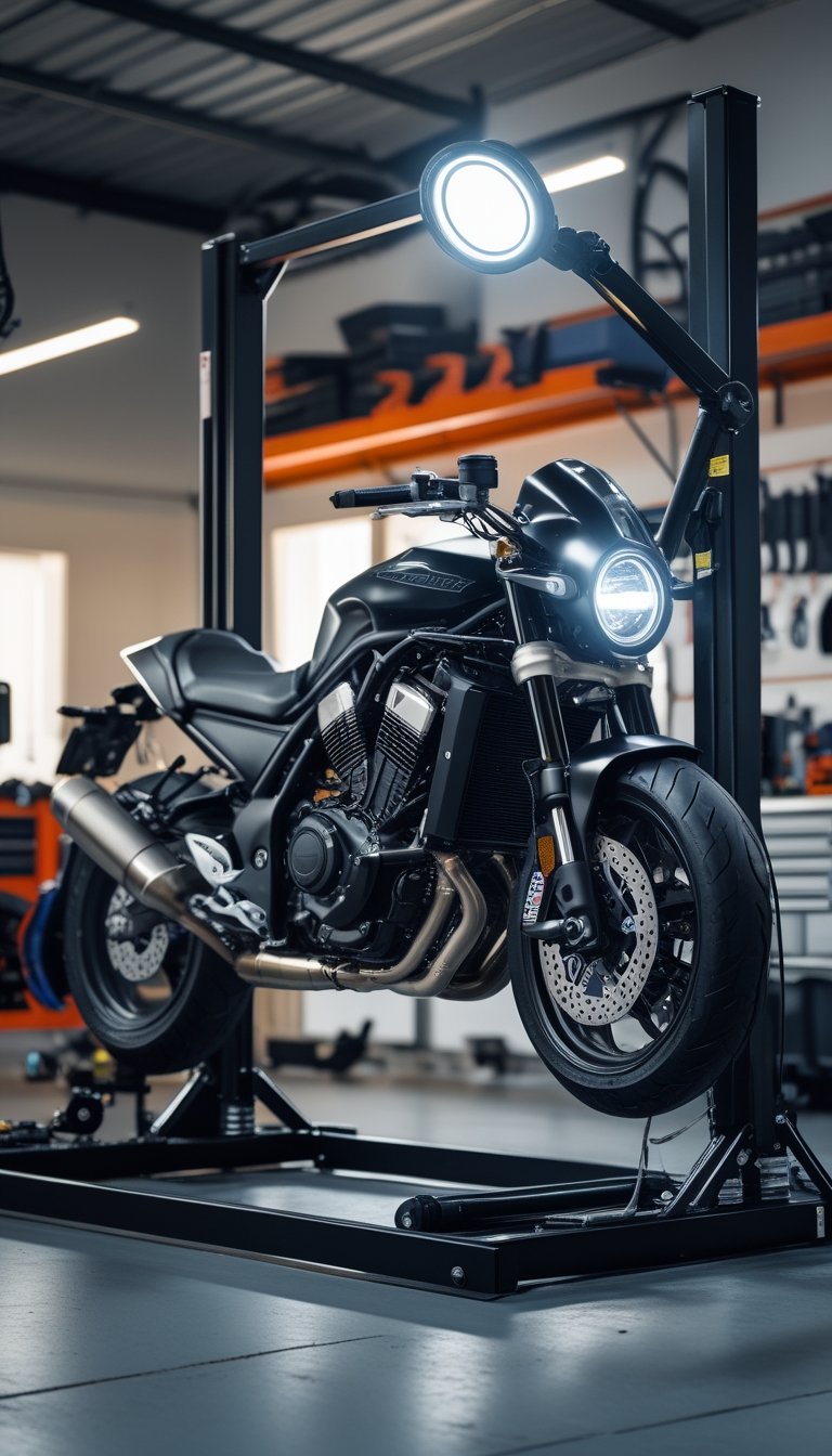 Motorcycle on a lift in a garage with a flexible magnetic LED work light illuminating the workspace.
