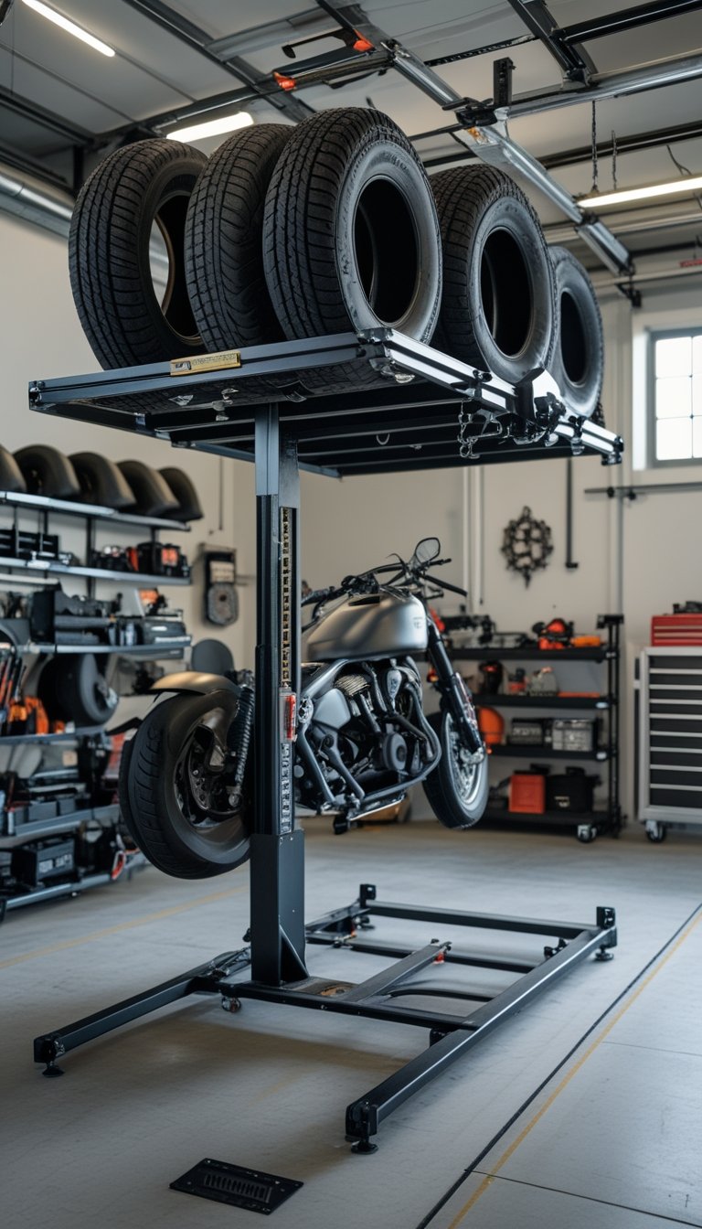 Overhead tire hanger and storage rack in a motorcycle workshop with a motorcycle on a lift and maintenance tools around.