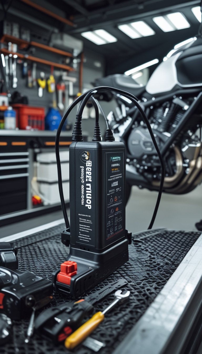 A motorcycle on a lift with a Battery Tender Junior smart charger connected to its battery in a well-organized garage workspace with tools and maintenance supplies.