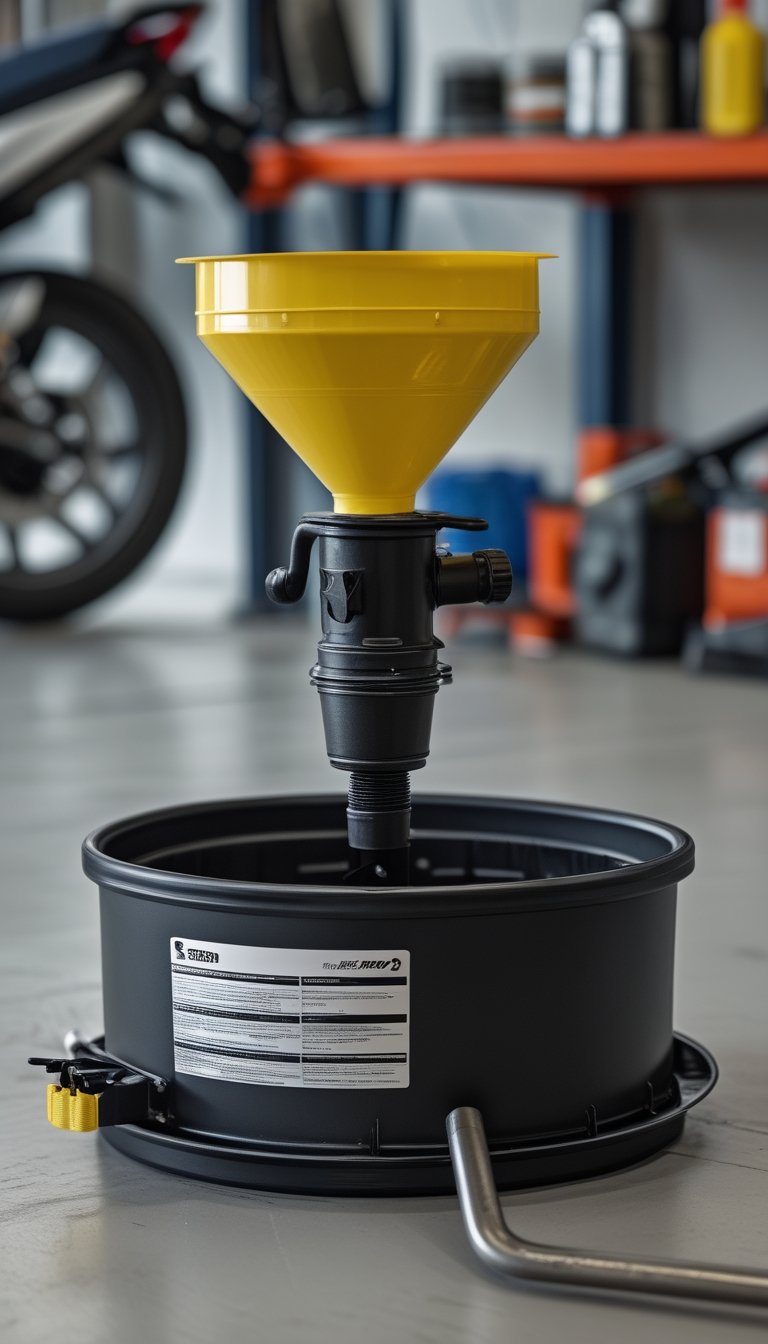 An oil drain pan with a yellow funnel and spout on a workshop floor surrounded by motorcycle maintenance tools.