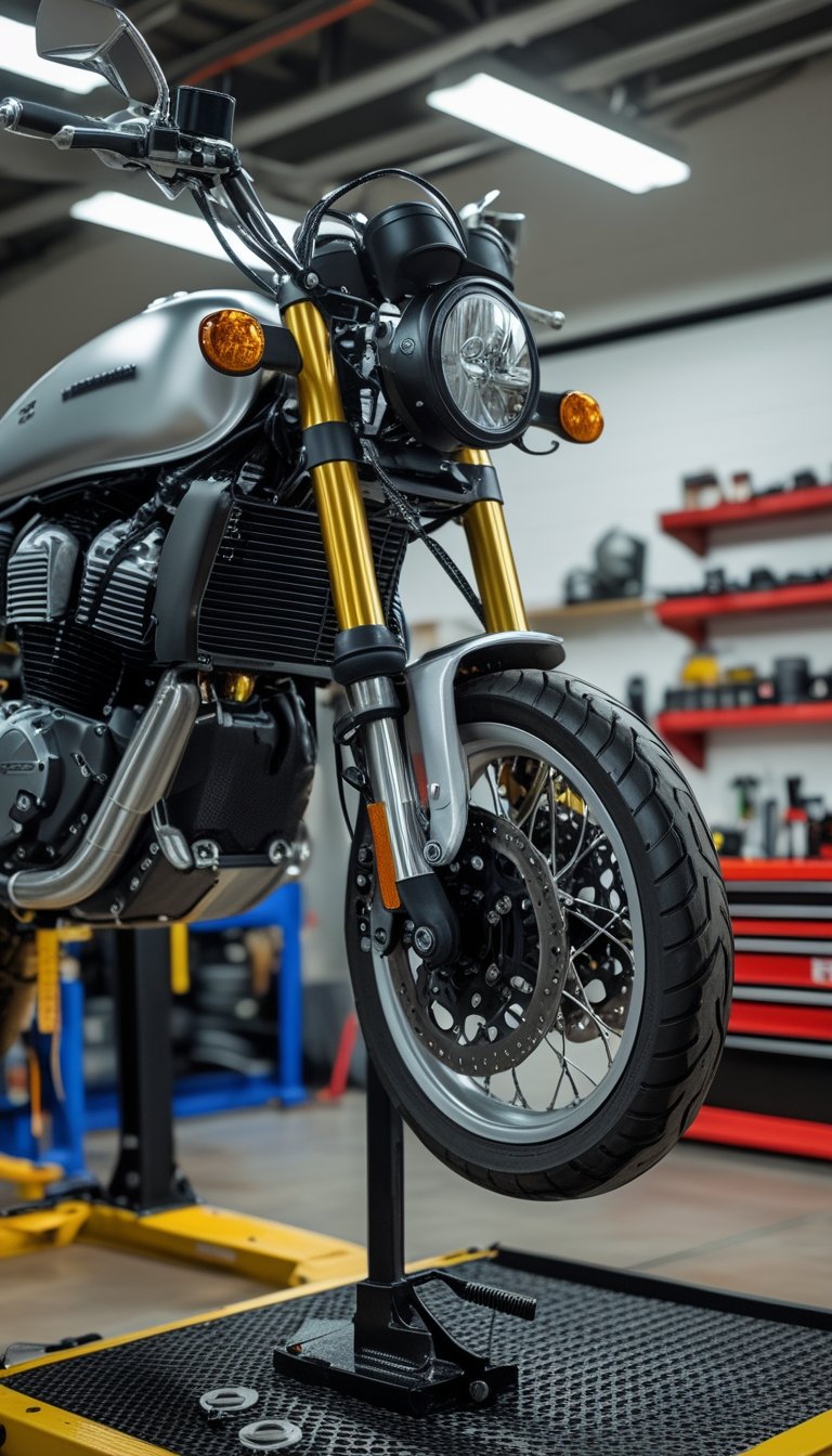 Motorcycle elevated on a lift with a fork seal repair stand attachment in a workshop surrounded by tools and equipment.