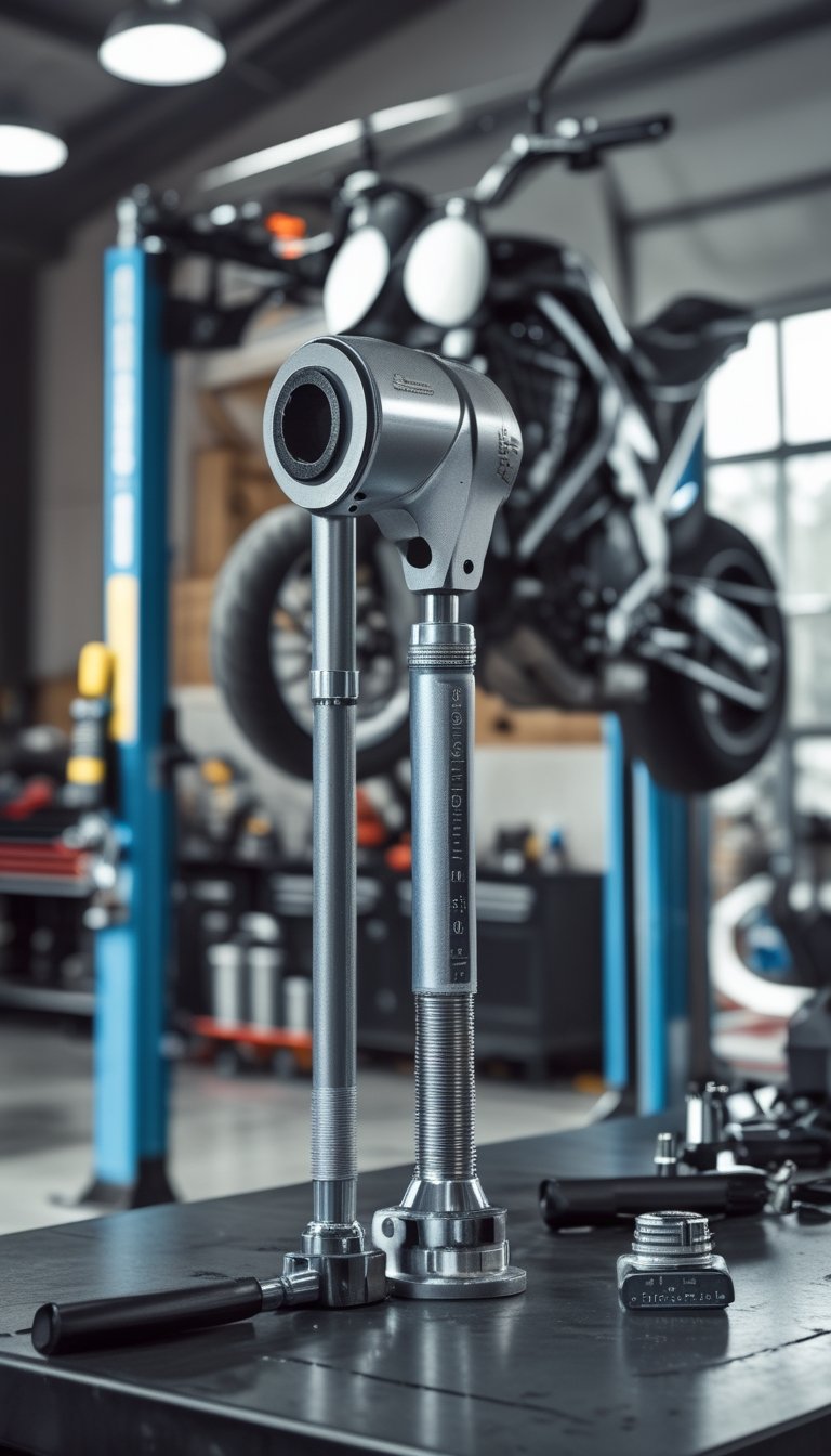 A torque wrench on a workbench next to a motorcycle lifted on a hydraulic lift in a maintenance workshop.