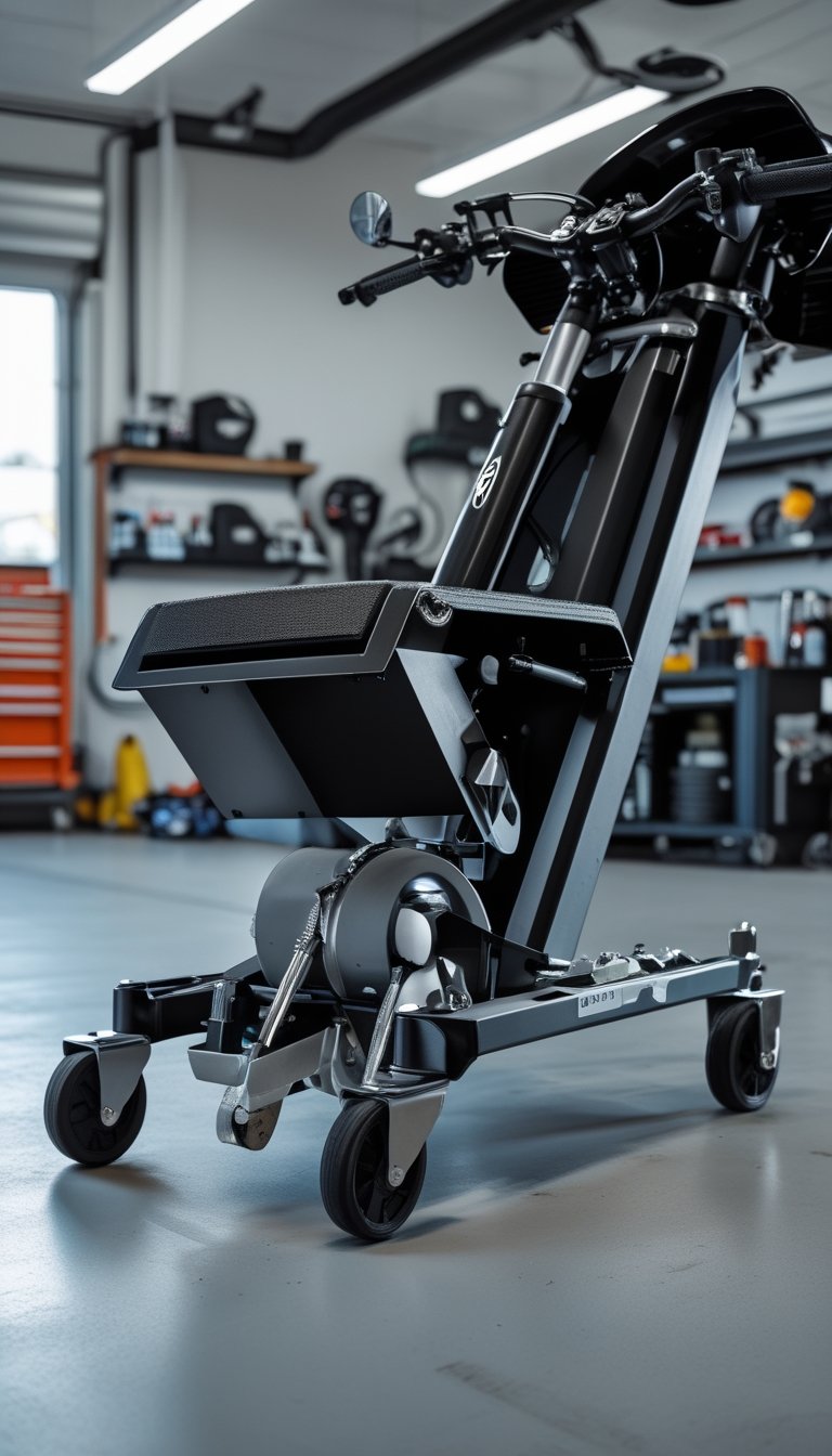 A roller trolley creeper positioned under a motorcycle in a clean garage workshop with tools and equipment around.
