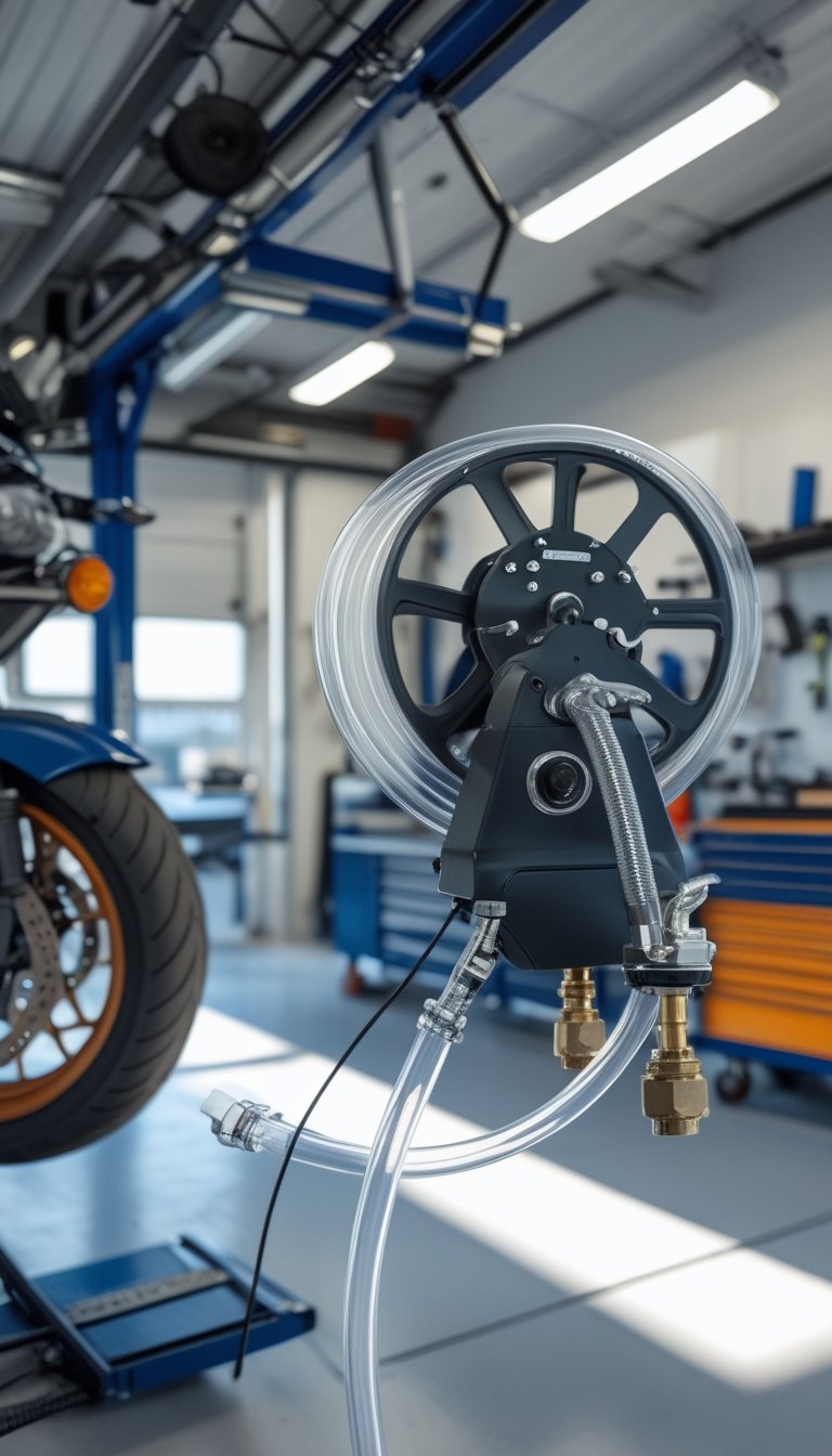 Compressed air reel with quick-connect fittings in a motorcycle workshop with a motorcycle on a lift and maintenance tools around.