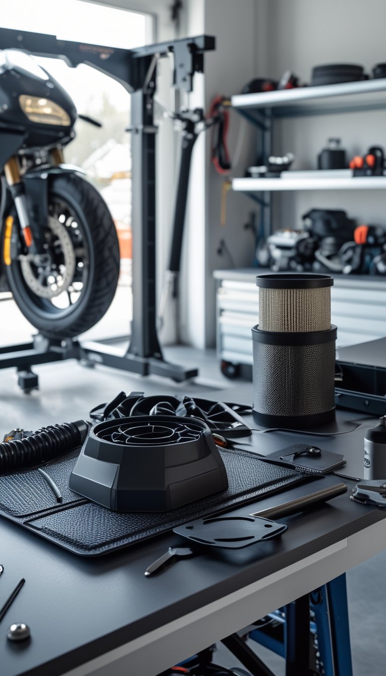 A motorcycle on a lift in a clean garage with a portable breather filter and dust cover on a nearby workbench surrounded by tools.