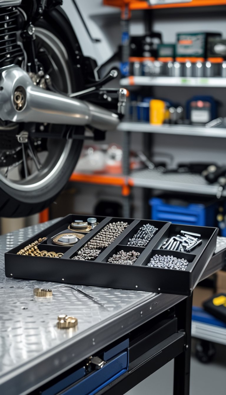 A motorcycle lifted on a maintenance stand with a magnetic parts tray holding various small metal fasteners in a clean, organized workshop.