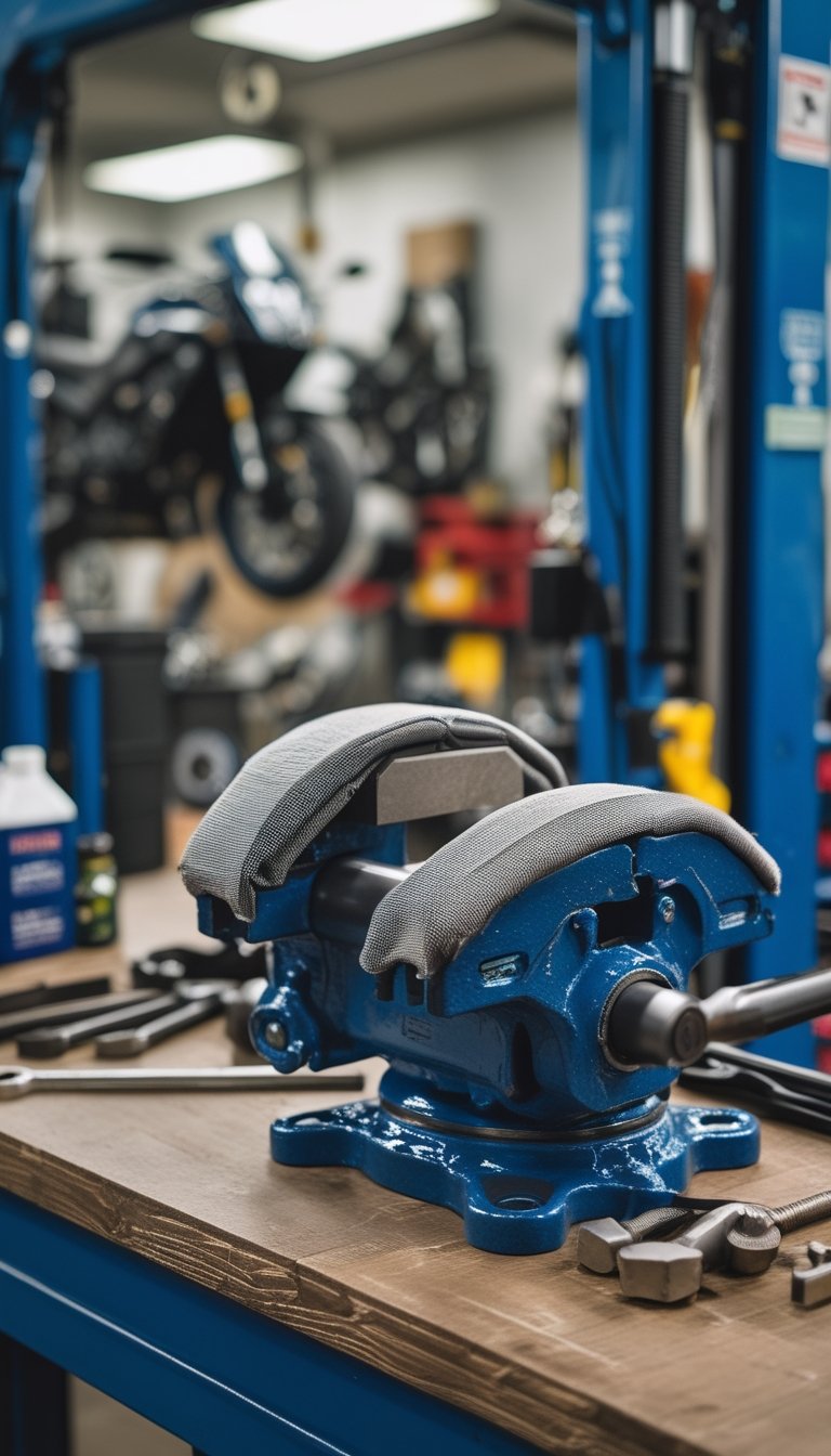 Bench vise with soft-jaw covers mounted on a workbench in a motorcycle maintenance workshop with tools and a motorcycle lift in the background.