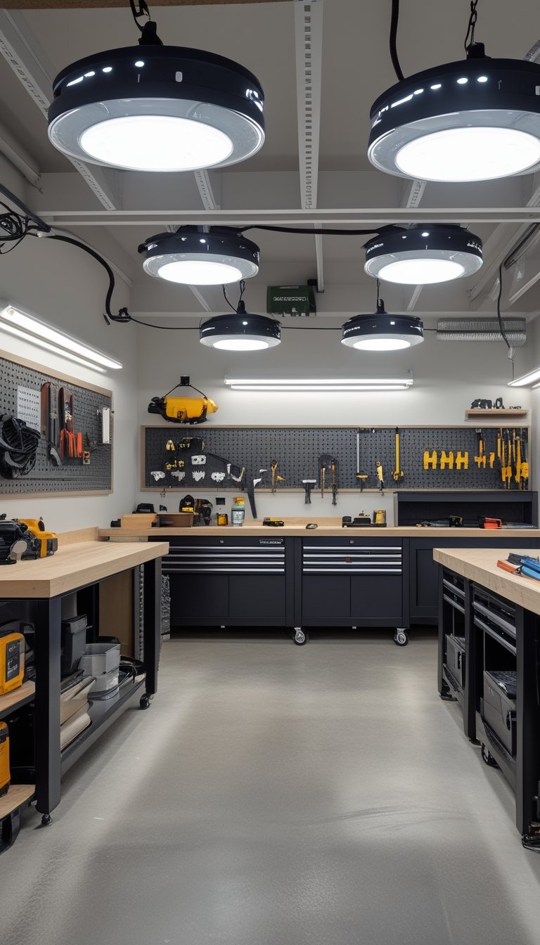 A well-lit garage workshop with ceiling-mounted LED shop lights illuminating workbenches, tools, and storage shelves.