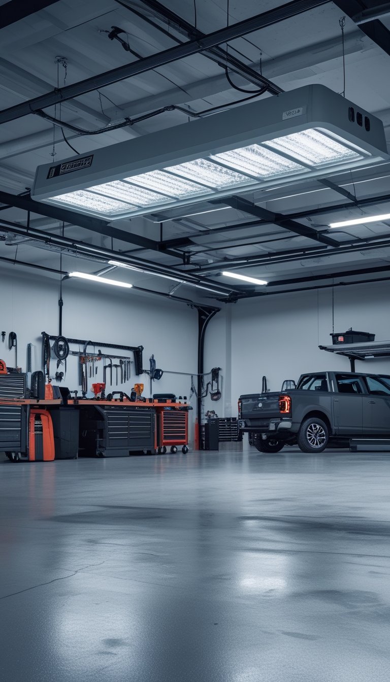 A brightly lit garage workshop with tools, workbenches, and vehicles under a ceiling-mounted LED light fixture.