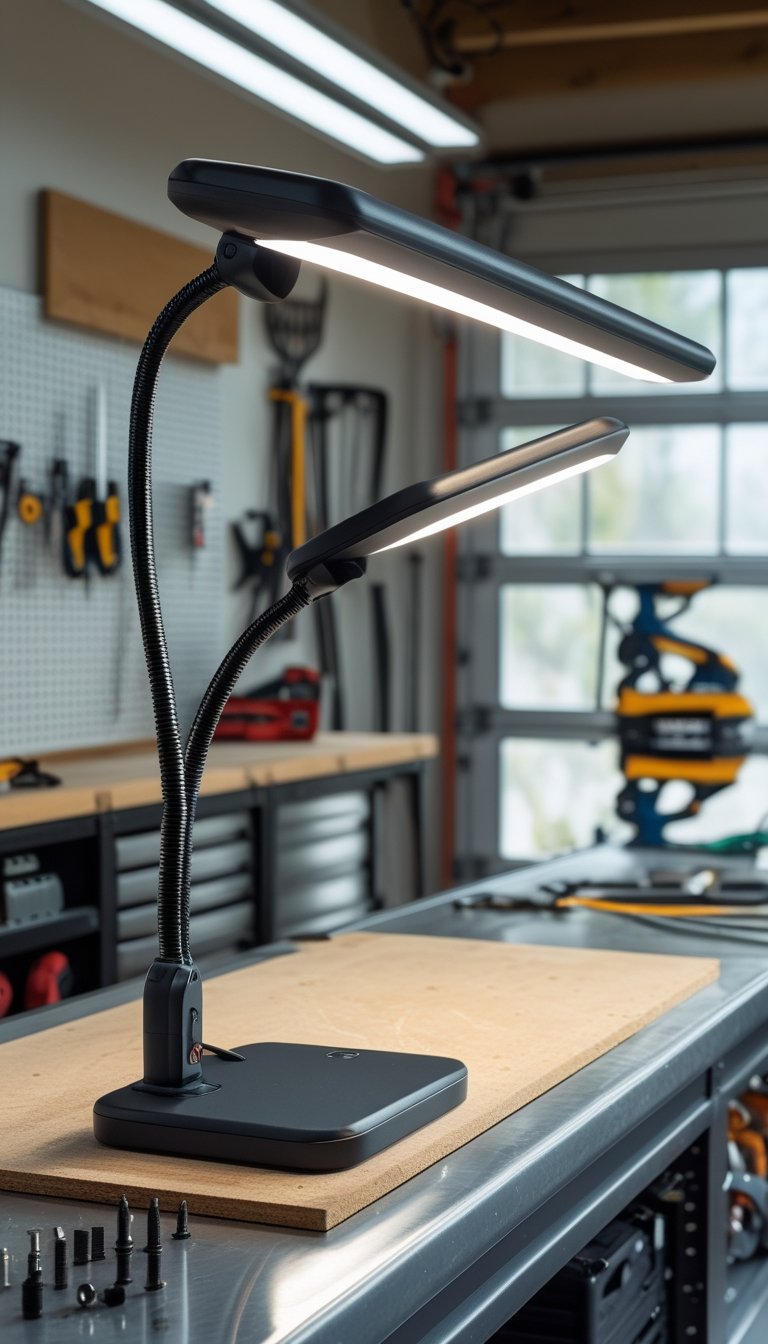 Adjustable LED task lamp with magnetic base on a garage workbench surrounded by tools and workshop equipment.