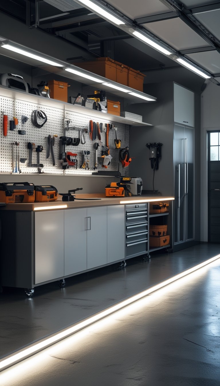 A well-lit garage workshop with under-cabinet LED strip lights illuminating a clean workbench and organized tools.