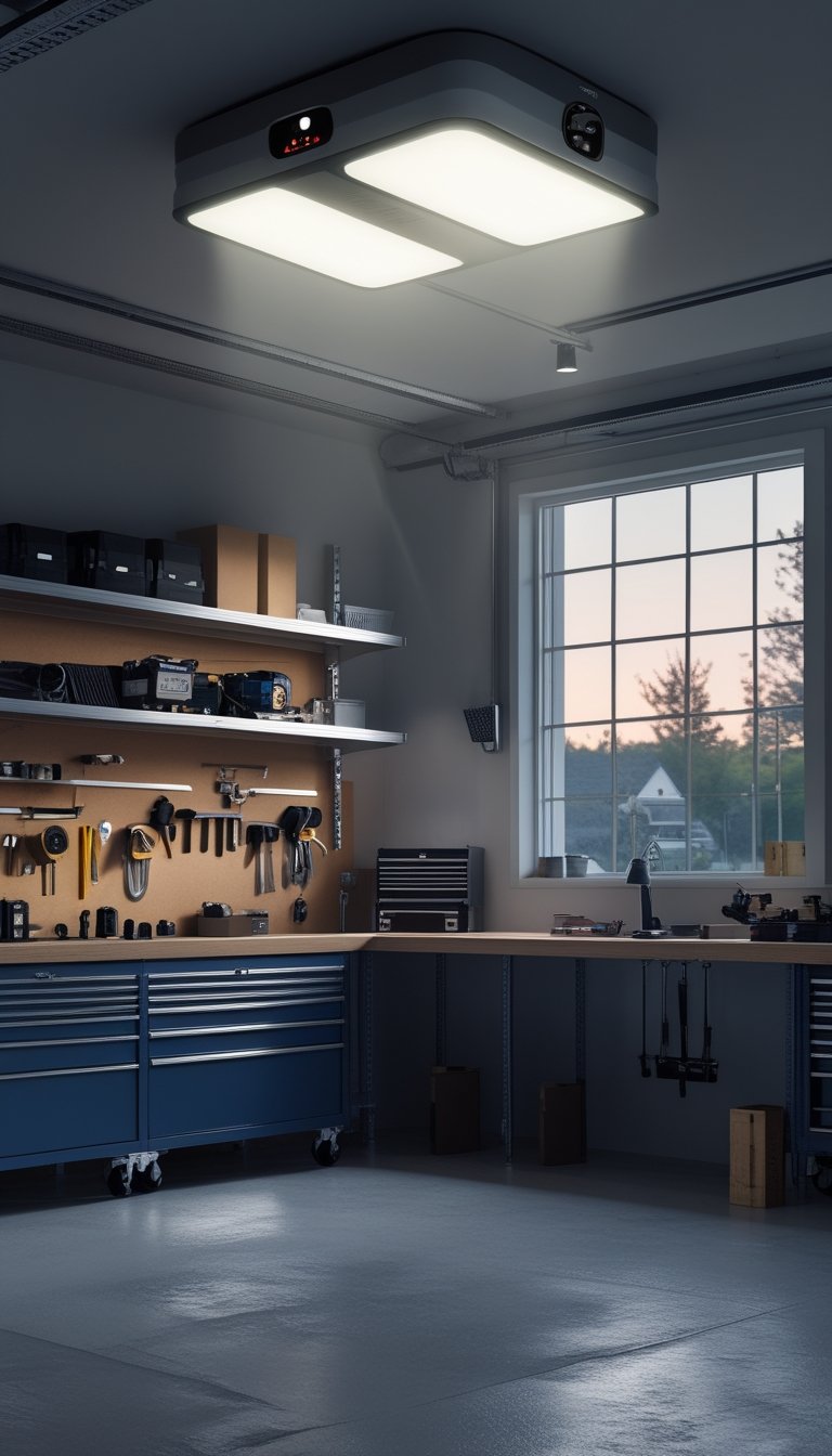 A well-lit garage workshop with a motion-sensor ceiling light illuminating workbenches, tools, and shelves during early evening.