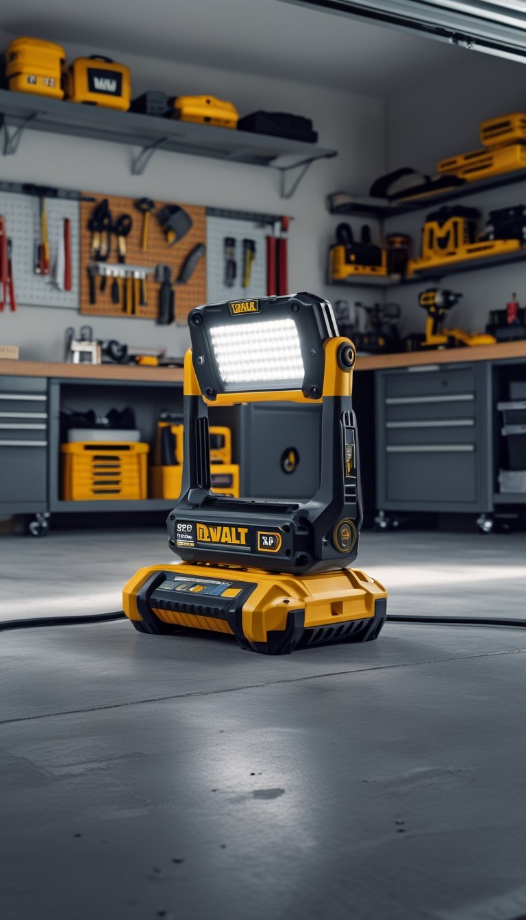 A cordless DEWALT work light in a garage workshop with tools and shelves in the background.