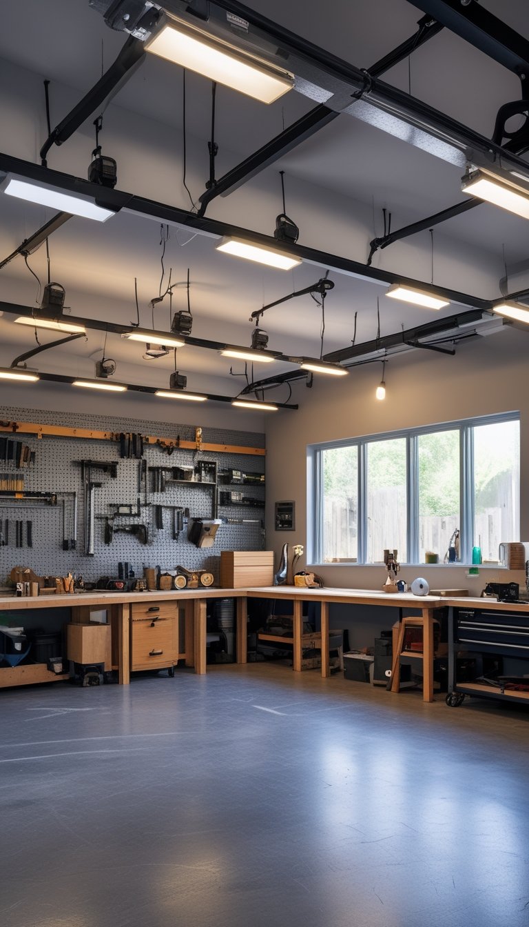 A well-lit garage workshop with organized tools and workbenches under bright daylight LED lighting.