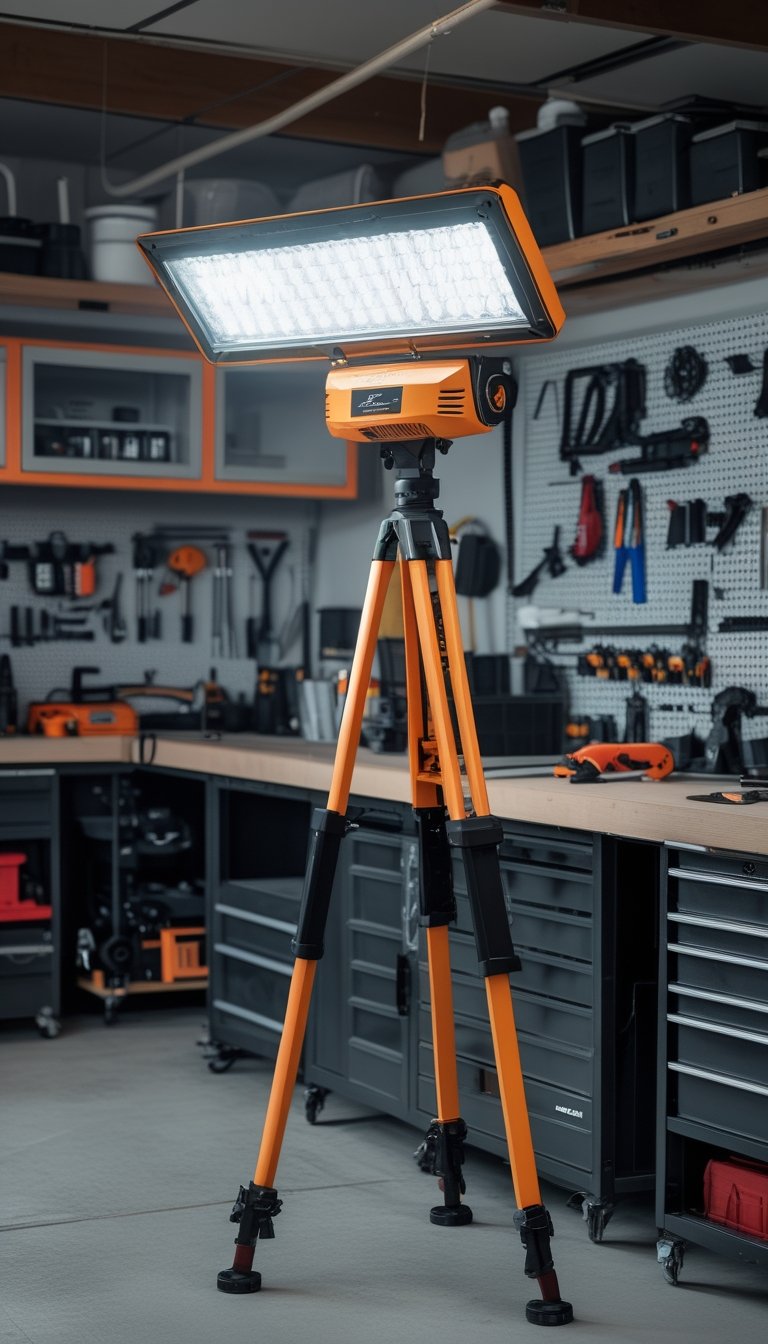 A portable tripod work light illuminating a clean and organized garage workshop with tools and equipment.