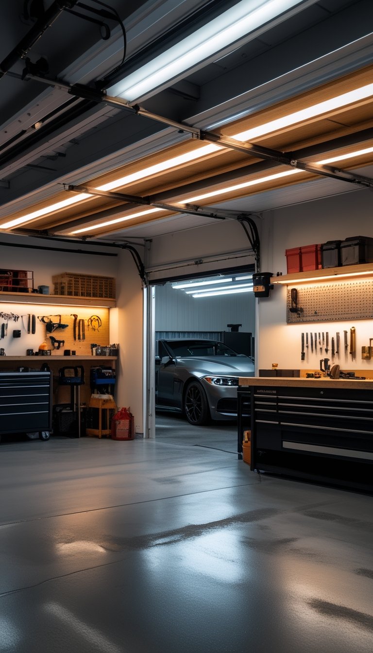 A well-organized garage workshop lit by warm LED lights, showing workbenches, tools, and storage shelves.