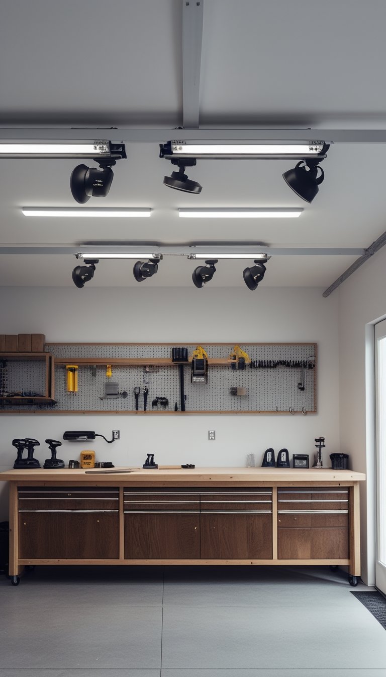 Garage workshop with a wooden workbench under adjustable track lighting and tools arranged on the bench and walls.