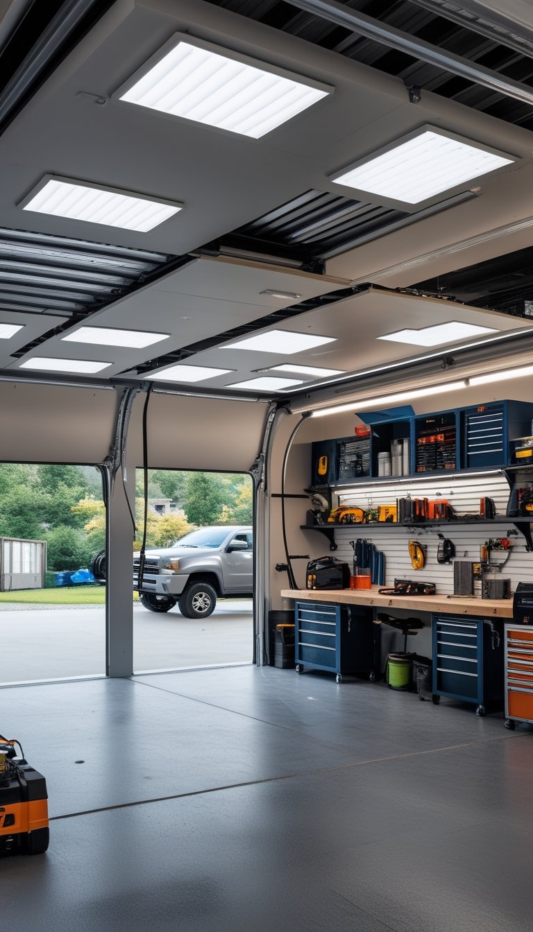 A bright and organized garage workshop with ceiling-mounted LED lights illuminating workbenches and tools.