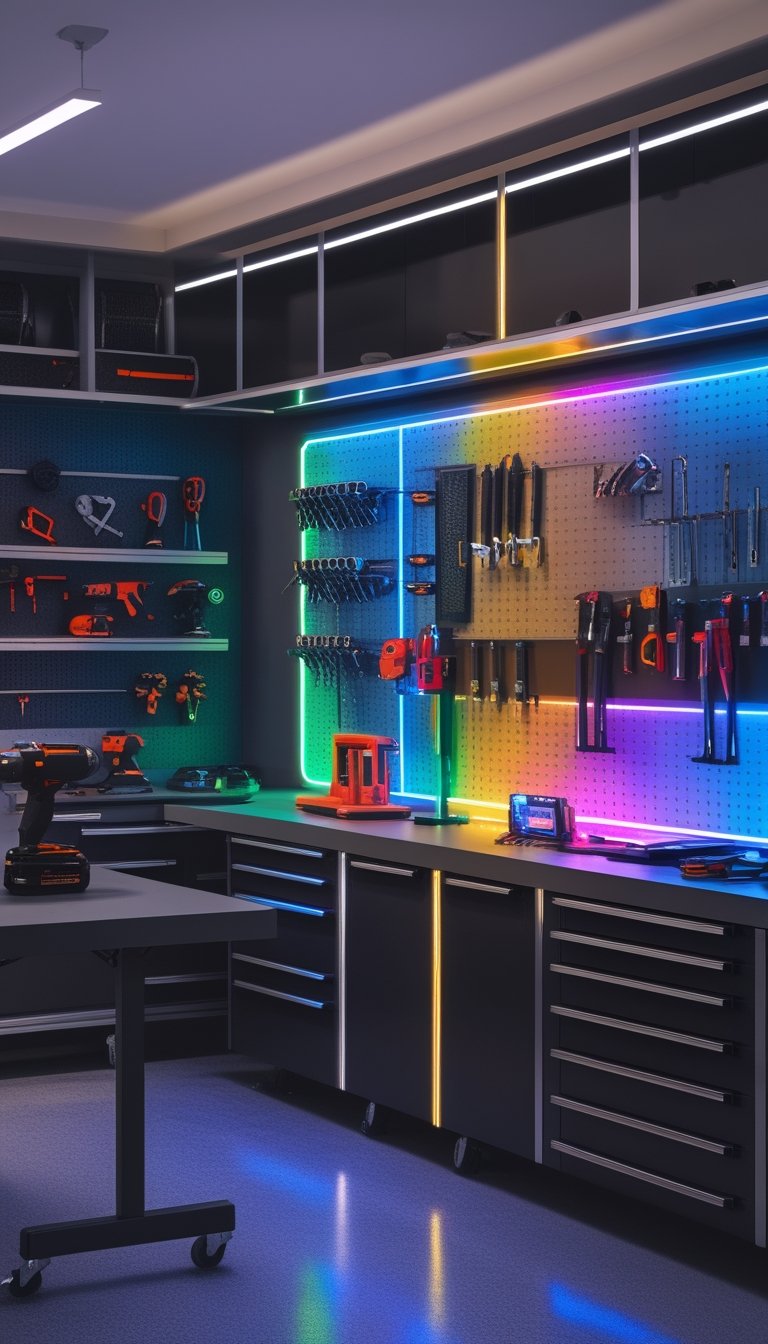 A garage workshop with colorful LED tape lighting outlining a tool wall filled with organized tools.