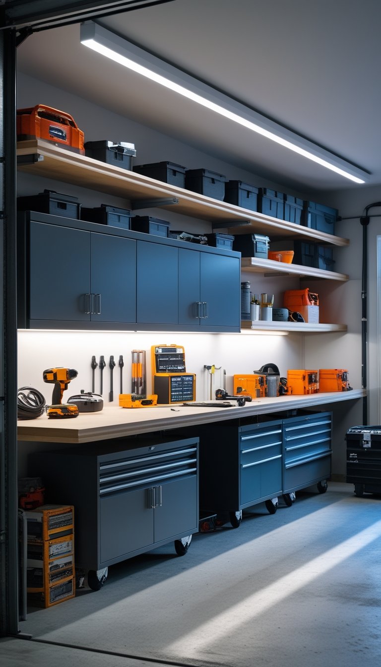 Garage workshop with recessed LED puck lights under cabinets and shelves illuminating tools and workbench.