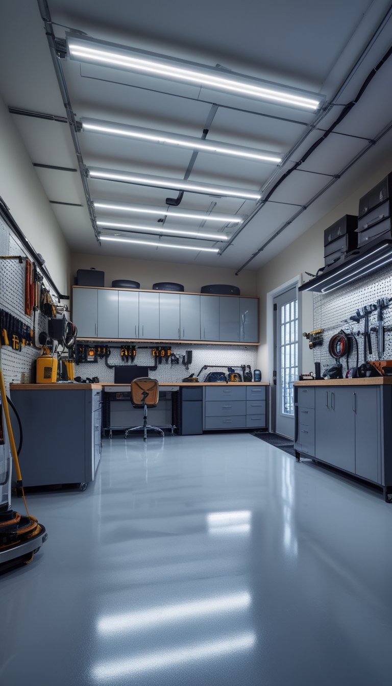 A brightly lit garage workshop with ceiling-mounted LED lights, organized tools, and workbenches.