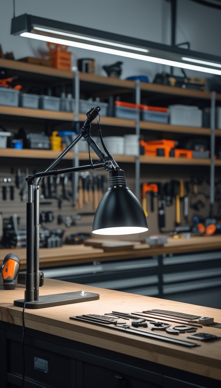 A garage workshop with a swing-arm lamp illuminating a workbench covered with tools and mechanical parts.