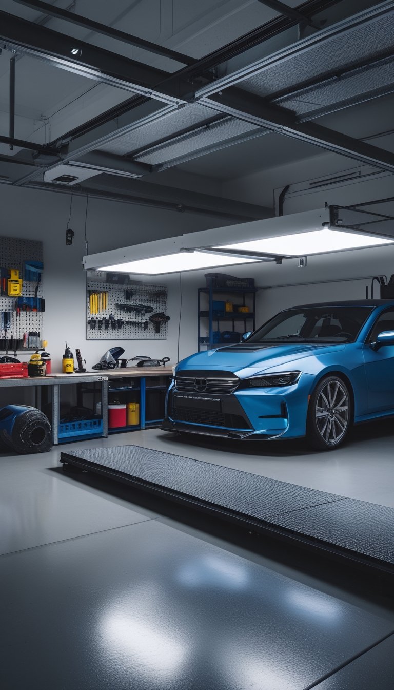 A well-lit garage workshop with a person painting a car part under a bright daylight LED panel, surrounded by organized tools and equipment.