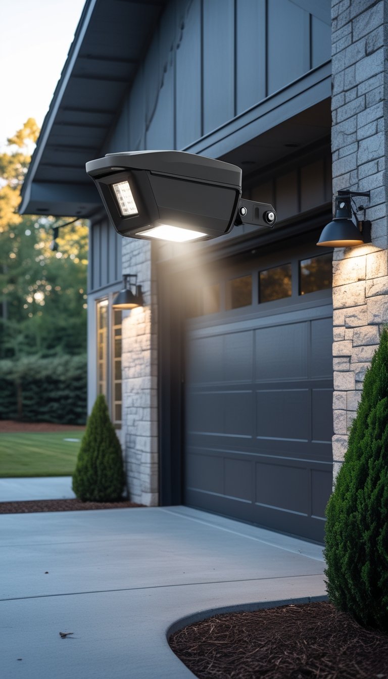 Exterior view of a garage workshop entryway with a weatherproof motion-activated fog light installed above the door.